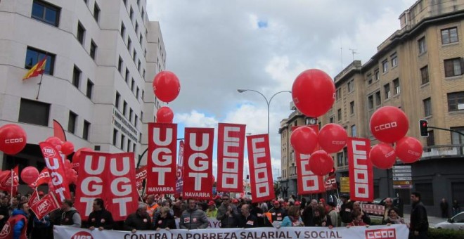 Manifestación del Primero de Mayo, convocada por CCOO y UGT, en Pamplona. E.P.