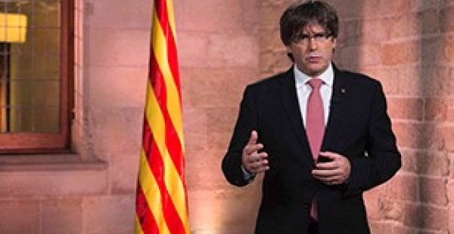 Carles Puigdemont, presidente de la Generalitat, durant el discurs institucional de la Diada Nacional de Catalunya