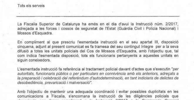 comunicado de Josep Luis Trapero, mayor de los Mossos d'Esquadra, para iniciar la orden de instrucción de la Fiscalía de Catalunya. / Europa Press
