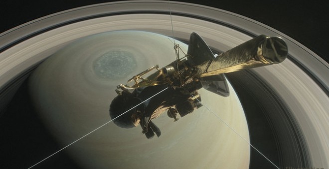 Ilustración de la nave Cassini de la NASA sobre el hemisferio norte de Saturno, dirigiéndose hacia su primera inmersión entre el planeta y sus anillos en abril de 2017. NASA/ JPL-Caltech
