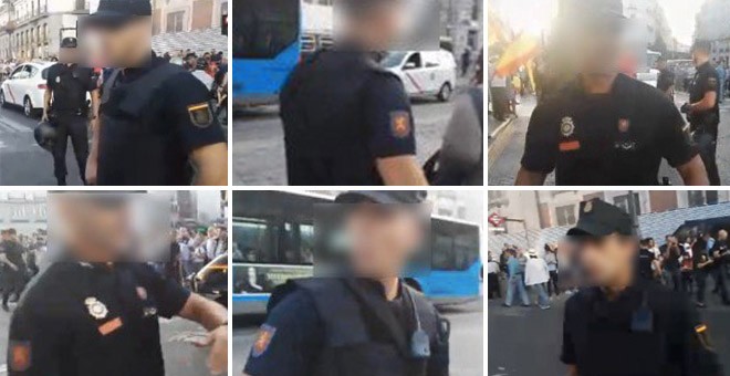 Diferentes agentes de Policía Nacional sin el preceptivo número de identificación durante la concentración del miércoles en la Puerta del Sol de Madrid.- IMÁGENES CEDIDAS POR STÉPHANE GRUESO