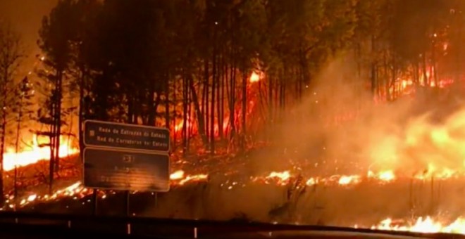 Incendio cerca del municipio de Nigrán (Pontevedra), la noche del 15 de octubre. /TVE