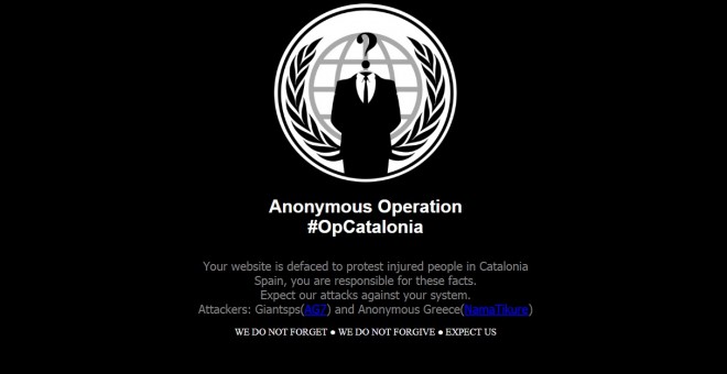 Imagen de una de las páginas atacadas por grupos vinculados a Anonymous en el contexto de la 'Operación Catalunya'.