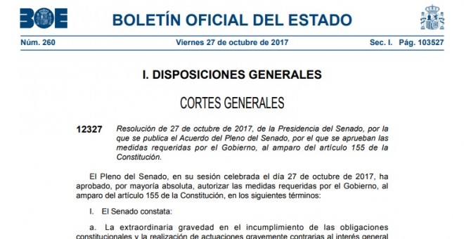 Publicación del BOE de este viernes que recoge el acuerdo del Pleno del Senado para aplicar el artículo 155 de la Constitución en Catalunya.