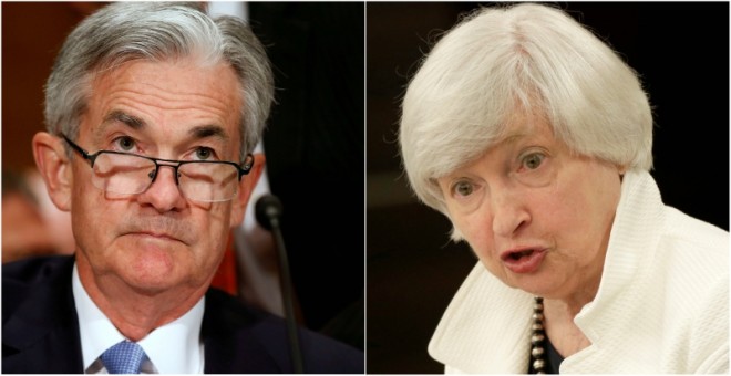 Jerome H. Powell (i), miembro del consejo de la Reserva Federal de EEUU, el principal candidato a sustituir a Janet Yellen (d) en la presidencia del banco central estadounidense. REUTERS