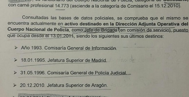 Extracto del informe de Asuntos Internos donde deja claro que Villarejo estaba en la Comisario General de Policía Judicial, donde está la UDEF, cuando participó en operaciones con Olivera como malaya, Astapa o Gürtel hasta el año 2010.