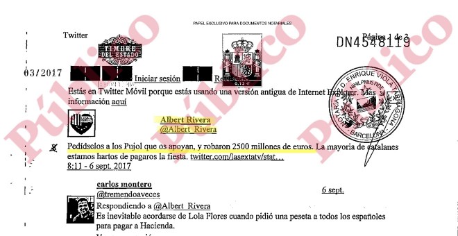 Fragmento del acta notarial de la querella de Josep Pujol Ferrusola contra Albert Rivera.
