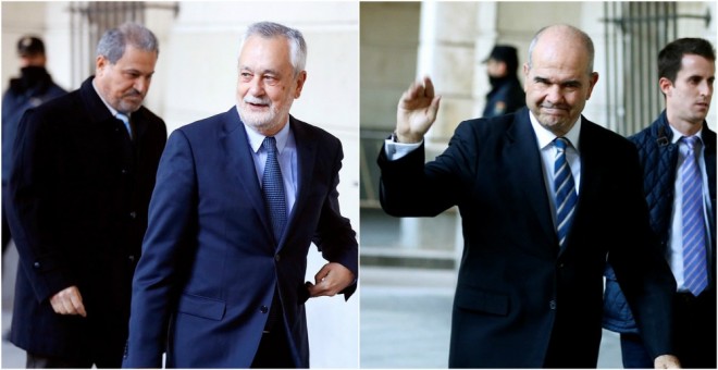 Los expresidentes de la Junta de Andalucía José Antonio Griñán y Manuel Chaves, a su llegada a la Audiencia de Sevilla, donde se inicia el juicio de la pieza política del caso de los ERE. EFE