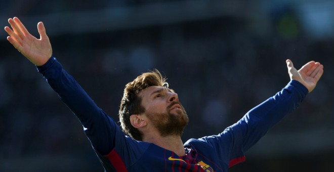 Leo Messi celebra su gol ante el Real Madrid en el Bernabeu./EFE