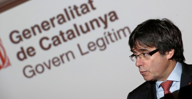El cabeza de lista de Junts per Catalunya y presidente cesado de la Generalitat, Carles Puigdemont, en una comparecencia en Bruselas el pasadao 21-D. REUTERS/Yves Herman