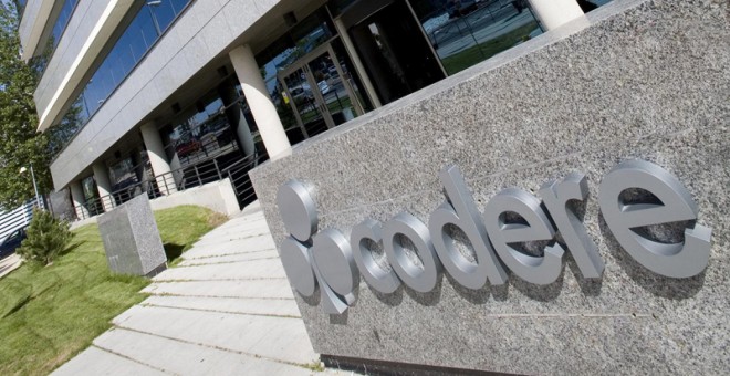 El logo de Codere, en la entrada de su sede en Madrid,