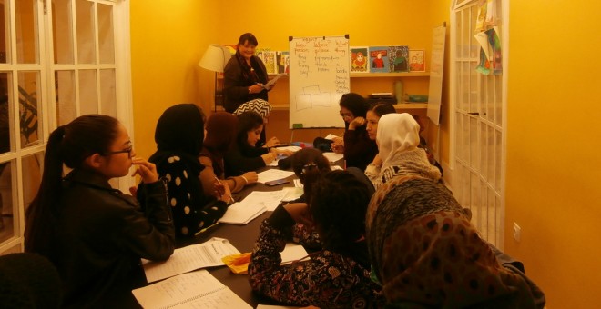 Aula de formació a l'espai per a dones refugiades Melissa Network, a Atenes. / Flor Ragucci.