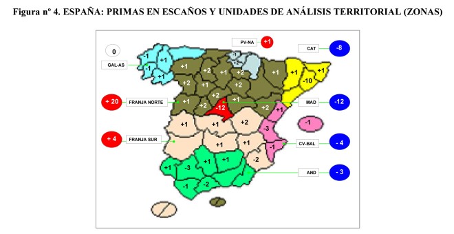 Mapa de análisis territorial de las primas de escaños por provincias asignados por la LOREG. JM&A