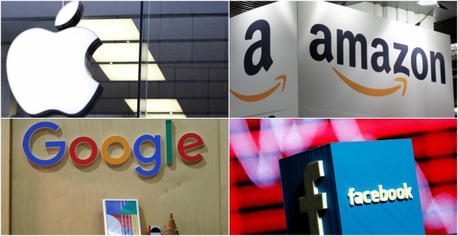 Logos de las empresas tecnológicas Apple, Amazon, Google, y Facebook. REUTERS