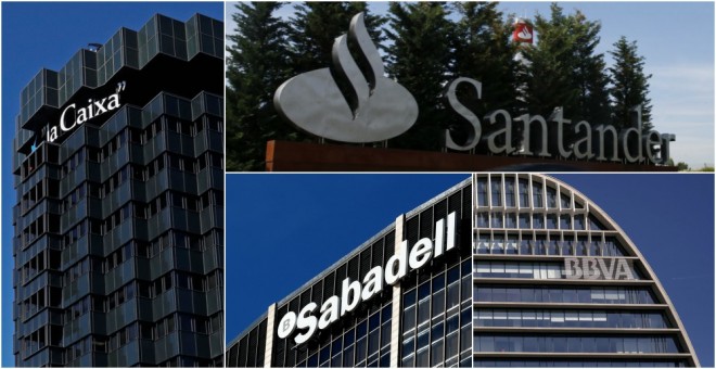 Detalle de las sedes de Caixabank, Banco Santander, Banco Sabadell, y BBVA. REUTERS