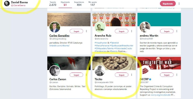 Perfil del teniente coronel de la Guardia Civil Daniel Baena en Twitter, donde se muestra que se sigue a sí mismo: Tácito es su identidad oculta en la red.