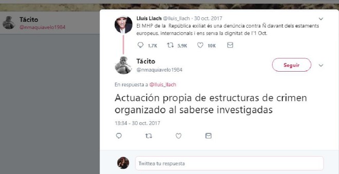 Respuesta de 'Tácito' a Lluís Llach tras exiliarse Puigdemont, calificando al Govern de 'estructuras de crimen organizado'.