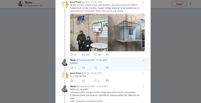 Intercambio entre Tácito y la periodista Anna Punsi en el que el primero le reprocha que califique de 'asalto' la entrada de la guardia civil 'a golpes de mazo' en el colegio electoral donde iba a votar Puigdemont el 1 de octubre.