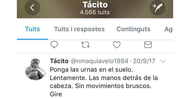 Tuit difundido por el teniente coronel Daniel Baena, bajo el pseudónimo de Tácito, diez días antes del referéndum del 1 de octubre.