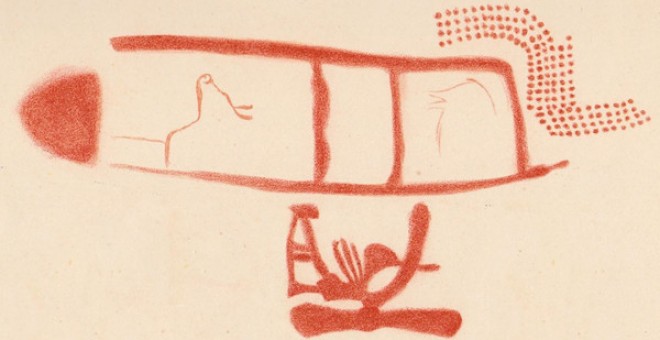 Dibujo del panel 78 en la cueva de La Pasiega hecho por Breuil et al. (1913). El símbolo rojo escalariforme tiene una edad mínima de 64.000 años, pero no está claro si los animales y otros símbolos fueron pintados más tarde.