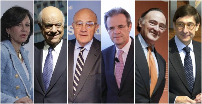 Los presidentes de los seis mayores bancos: Ana P. Botín (Santander), Francisco González (BBVA), Josep Oliú (Sabadell), Jordi Gual (Caixabank), Pedro Guerrero (Bankinter), y José Ignacio Goirigolzarri (Bankia). EFE/REUTERS