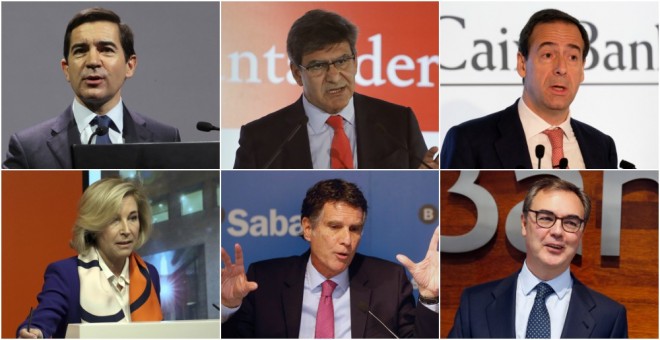 De izq. a der. y de arriba a abajo, los consejeros delegados de los seis grandes bancos españoles: CarlosTorres (BBVA), José Antonio Álvarez (Santander),  Gonzalo Gortázar (CaixaBank), María Dolores Dancausa (Bankinter), Jaime Guardiola (Sabadell), y José