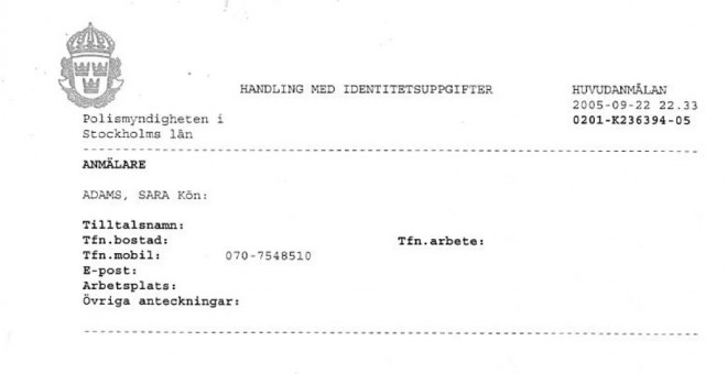 Ficha de la Policía sueca donde se debían recoger los datos de Sara Adams.