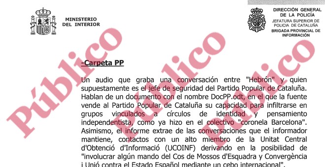 Fragmento de una de las páginas del Libro Primero del Oficio 3022/2017 de la Jefatura Superior de Policía de Cataluña, en el que se describe parte del ocntenido de la 'Carpeta PP'.