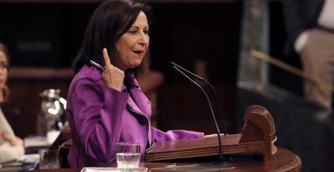 Margarita Robles durante su intervención en el debate sobre pensiones en el Congreso. |  BALLESTEROS (EFE)