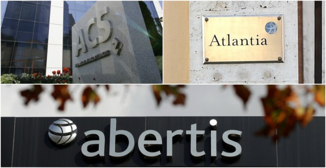 Los logos de ACS, Atlantia y Abertis, en sus respectivas sedes en Madrid, Roma y Barcelona. REUTERS/E.P./AFP