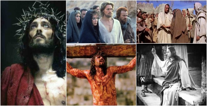 Imágenes de las películas 'Jesús de Nazaret', 'La última tentación de Cristo', 'La historia más grande jamás contada', 'La pasión de Cristo', e 'Intolerancia'.
