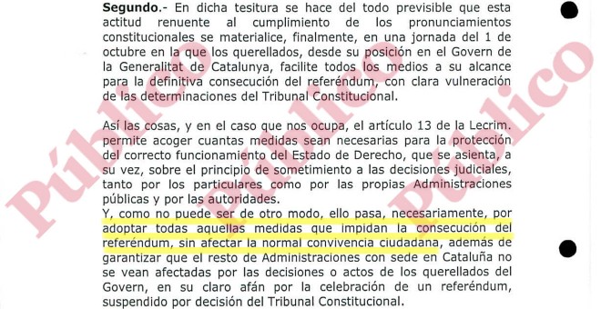 Fragmento del punto segundo de los Fundamentos de Derecho del auto del Tribunal de Justicia de Catalunya, del 27 de septiembre de 2017, sobre la forma de actuar frente al referéndum del 1-O.
