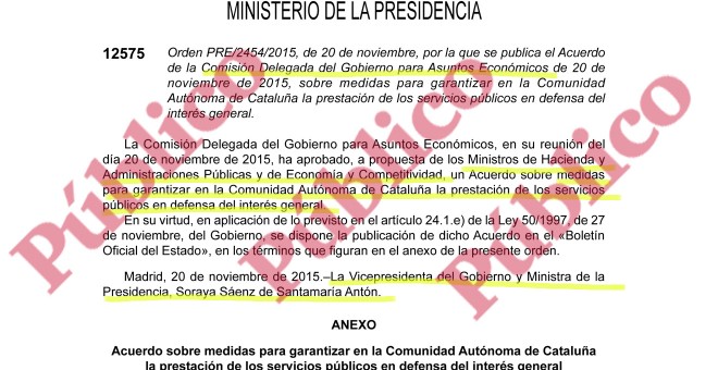 Fragmento de la disposición del BOE para intervenir las cuentas de la Generalitat firmada por la vicepresidenta Sáenz de Santamaría.