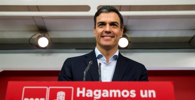 El secretario general del PSOE, Pedro Sánchez, durante la rueda de prensa que ha ofrecido tras la reunión de la Ejecutiva Federal el pasado lunes/EFE