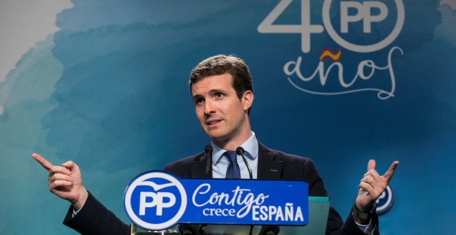 El vicesecretario de Comunicación del Partido Popular, Pablo Casado, ofrece una rueda de prensa en la sede nacional del partido en Madrid. EFE/ Santi Donaire