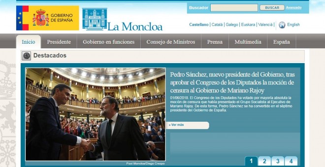 Imagen capturada de la web de Moncloa que ha actualizado su página tras la moción de censura y ha incluido, en portada, la noticia de la designación de Pedro Sánchez como presidente, además de cambiar la pestaña de 'Gobierno' por 'Gobierno en funciones'.