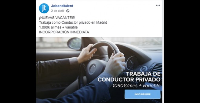 Anuncio de Jobandtalent en Facebook que esconde una oferta para ser conductor de vehículos de Cabify