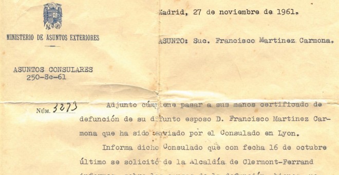 Carta sobre el paradero de Francisco mandada en 1961 al Ministerio de Asuntos Exteriores