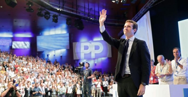 El palentino Pablo Casado, durante su discurso tras ser elegido nuevo presidente del PP en sustitución de Mariano Rajoy/EFE