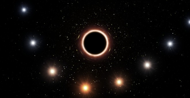 Ilustración de cómo al acercarse la estrella S2 al agujero negro de la Vía Láctea su color vira ligeramente al rojo. /ESO-M. KORNMESSER