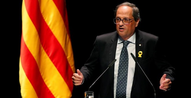 El presidente de la Generalitat, Quim Torra, pronuncia la conferencia con el título 'Nuestro momento” hoy en el Teatro Nacional de Cataluña, en Barcelona. EFE/ Alejandro García