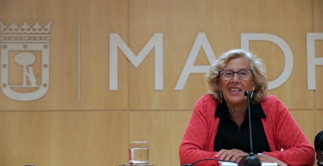 La alcaldesa de Madrid, Manuela Carmena durante de la rueda de prensa en el Palacio de Cibeles en la que ha confirmado la reelección a la Alcaldía de Madrid. EFE/Zipi