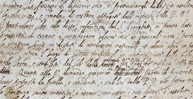 Parte de la carta escrita y firmada por Galileo encontrada en agosto en la biblioteca de la Royal Society. /ROYAL SOCIETY