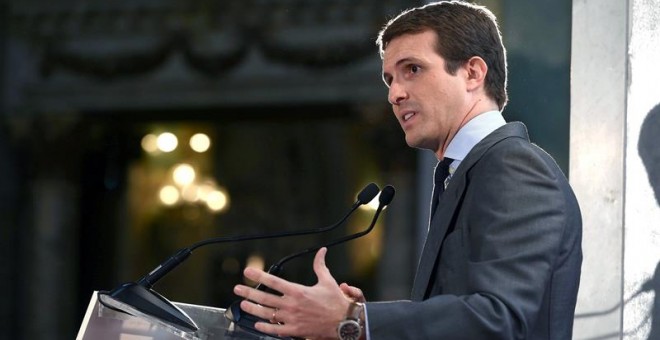 01/10/2018.- El presidente del PP, Pablo Casado, protagoniza una nueva edición del Foro ABC-Deloitte , hoy en Madrid. EFE/Fernando Villar