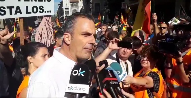 El secretari general de Vox, Javier Ortega Smith, en la manifestació organitzada per Jusapol a Barcelona el passat 29 de setembre. / Vox