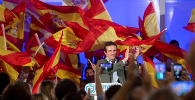 El presidente del PP, Pablo Casado, participa en un acto público de este partido en Málaga con motivo del Día de la Hispanidad. /EFE