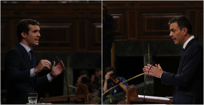 El líder del PP, Pablo Casado, y el presidente del Gobierno, Pedro Sánchez, en el Pleno del Congreso sobre la última cumbre de la UE. REUTERS
