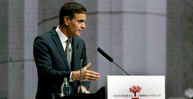 El presidente del Gobierno, Pedro Sanchez, durante la clausura del XXI Congreso Nacional de la Empresa Familiar, en el Palacio de Congresos de Valencia.EFE/ Kai Forsterling