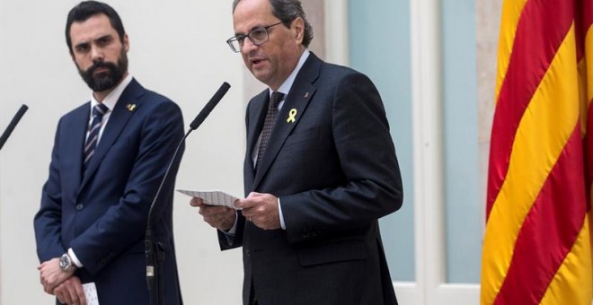 El president de la Generalitat, Quim Torra, i el del Parlament, Roger Torrent, en la compareixença conjunt per valorar les acusacions de la Fiscalia i l'Advocacia de l'Estat. EFE / Quique García.