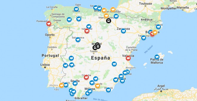 Mapa de las concentraciones y protestas convocadas contra la banca y la justicia por el impuesto sobre las hipotecas. Autores: Irene Martínez Nevot y Carlos Benéitez Fernandez